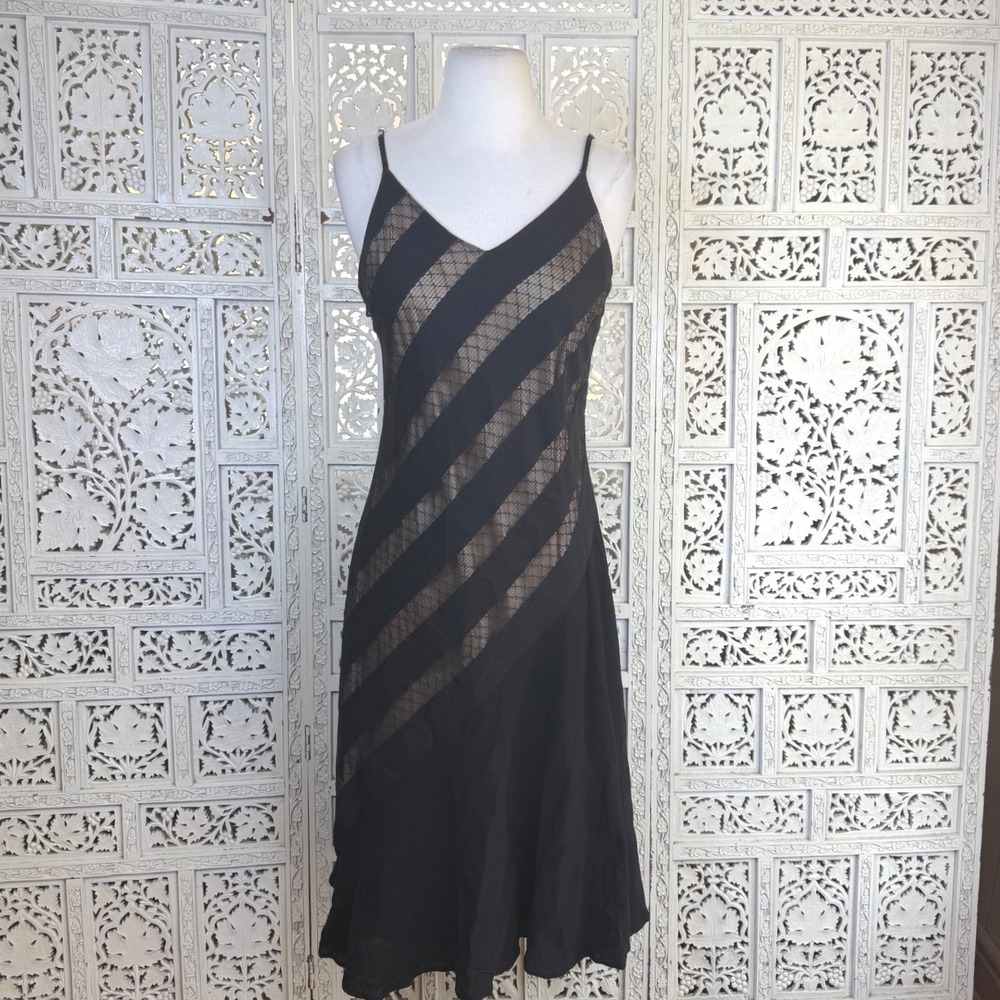 Vtg Black Striped Midi Dress Womens Medium Whimsygoth Formal Event 90's